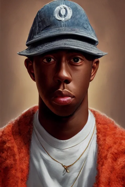 Image similar to portrait of tyler the creator with hat, staring directly into camera, intricate, elegant, glowing lights, highly detailed, digital painting, artstation, sharp focus, illustration, art by wlop, mars ravelo and greg rutkowski