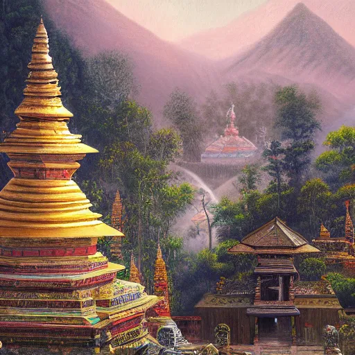 Prompt: a beautiful and highly detailed oil painting of an nepali in year 3 0 0 0 temple in the kathmandu valley, detailed high buildings and rockets, forgotten valley, swirling mist, lush forests, intricate details, epic scale, insanely complex, 8 k, sharp focus, hyper realism, fantasy landscape, psychedelic, by caspar friedrich,