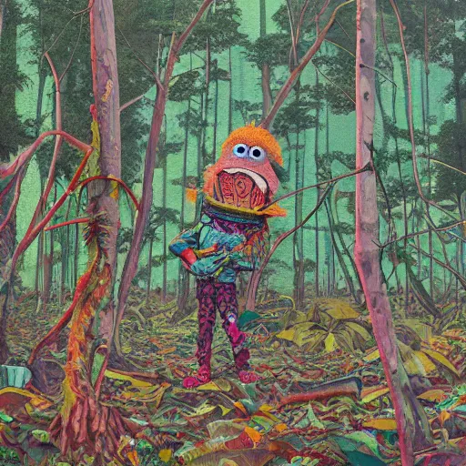 Prompt: safety cones scattered around an oak tree forest, man in muppet sasquatch sri lankan mask costume dancing in the distance, by james jean, miyazaki, hyper detailed surrealist painting