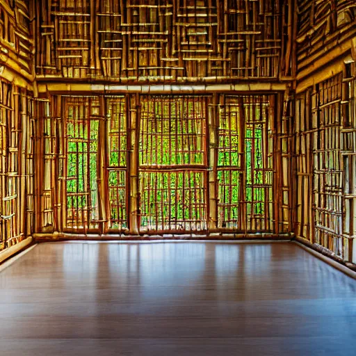 Image similar to interior of a bamboo palace, architectural photography