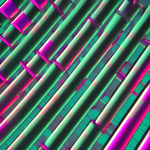 Image similar to a landscape of vertical hexagonal cylinders, hip hop, vaporwave, abstract, neon, CGI, raytraced, detailed, 4k