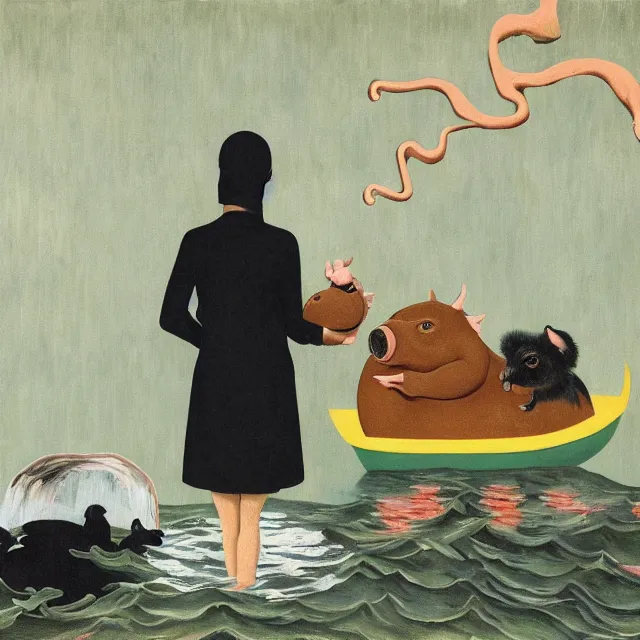 Image similar to tall female emo artist holding a pig in her flooded bathroom, water gushing from ceiling, painting of flood waters inside an artist's bathroom, a river flooding indoors, pomegranates, pigs, ikebana, zen, water, octopus, river, rapids, waterfall, black swans, canoe, berries, acrylic on canvas, surrealist, by magritte and monet