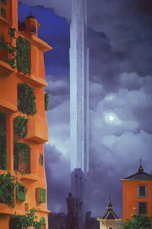 Image similar to view of the mysterious blue tower in its gardens after a storm, tall windows lit up, beautiful ornament, dramatic cinematic lighting, rich colors, by Ludwig Deutsch and April Gornik and Nicholas Roerich and Sylvain Sarrailh