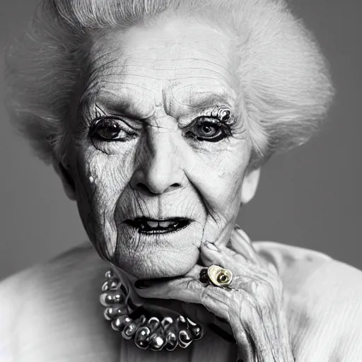Prompt: Photo of an 80 year old woman, gold eyes, editorial fashion photography, from Vogue magazine