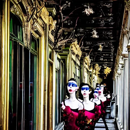 Image similar to The leafy streets ripple with the sound of ballerinas cackling. They splurge from the gilded doorways, all dressed in white and black and crimson. Their faces are painted like jewels: red-hot rubies for their mouths, green emeralds for their eyes, blue sapphires for their cheeks.