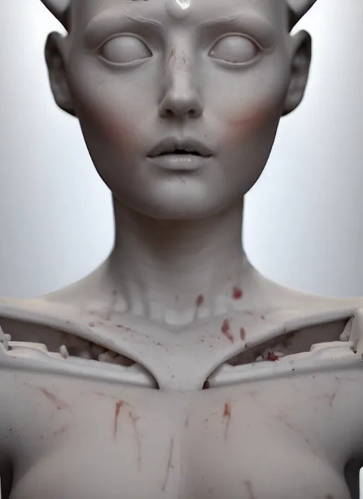 Image similar to a statue made of white marble covered in blood, of an gorgeous futuristic cybernetic angel girl, prostheses, transhumanism, full body shot, perfect symmetrical body, perfect symmetrical face, hyper realistic, hyper detailed, by johannen voss, by peter kemp, by monia merlo, by michelangelo, octane render, blender, 8 k