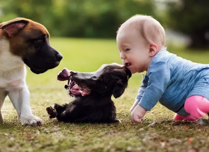 Prompt: baby and dog playing together