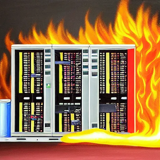 Image similar to a painting of data center server rack that's caught fire!!!!!!!, fire on data center