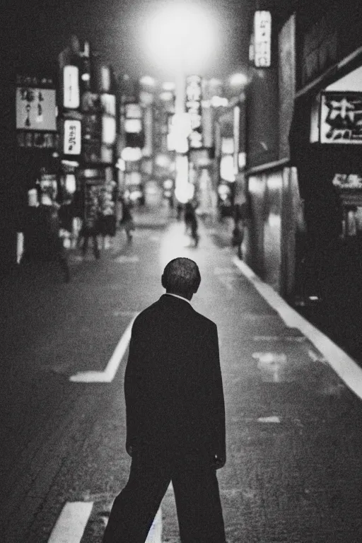 Prompt: a man standing in the middle of a tokyo street at night, in the style of the dutch masters and Gregory Crewdson