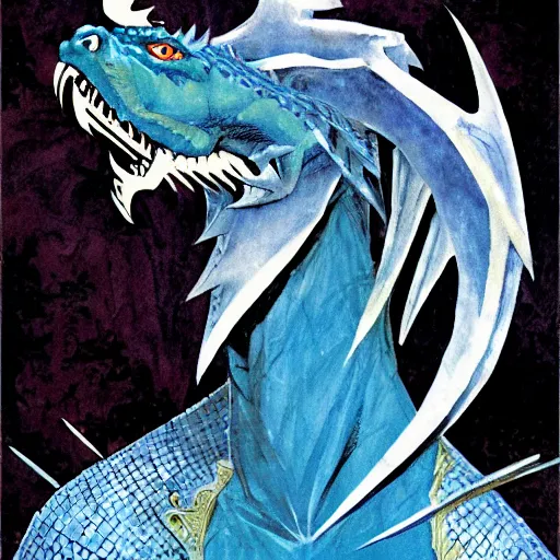 Image similar to half length portrait of a medieval d & d fantasy anthropomorphic blue dragon, comic book cover art by dave mckean