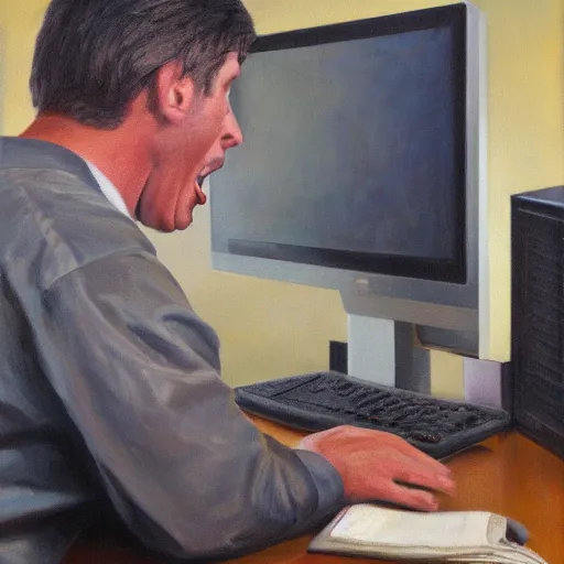 Image similar to an angry man yells at his computer monitor, oil on canvas, highly detailed, high resolution