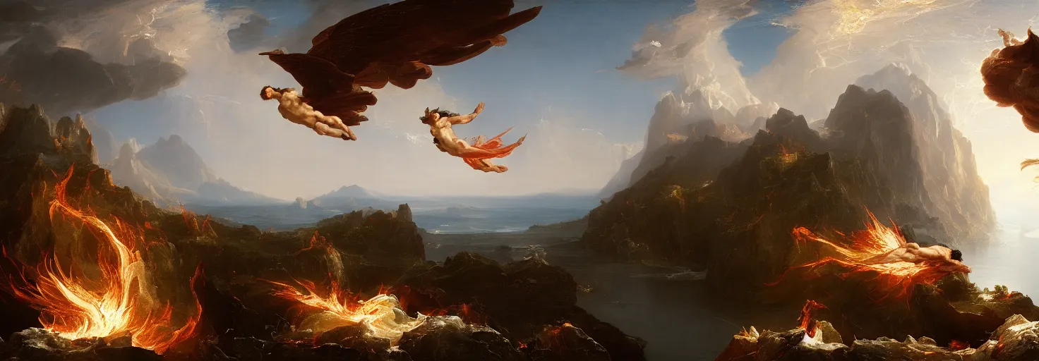 Image similar to an awe-inspiring thomas cole digital art landscape painting of Icarus crashing and burning while his father Daedalus looks on in disbelief, unreal engine, 4k, matte