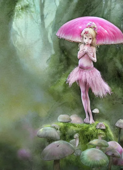 Prompt: A wingless fairy princess with a tattered pink tutu, mushroom umbrella, moss, dewdrops, watercolor, dramatic lighting, cinematic, establishing shot, extremely high detail, foto realistic, cinematic lighting, pen and ink, intricate line drawings, by Yoshitaka Amano, Ruan Jia, Kentaro Miura, Artgerm, post processed, concept art, artstation, matte painting, style by eddie mendoza, raphael lacoste, alex ross,