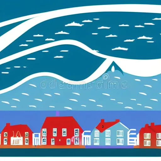 Image similar to giant tsunami wave that is 20 miles high, approaching about to crash into a small coastal town. miniature buildings compared to giant waves are so tall, they seem to touch the sky, large scale image, color vector illustration