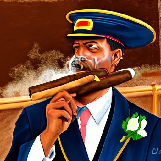 Image similar to a groom smoking a cigar on a large boat. wedding. digital art. highly detailed.