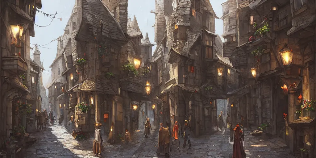 Prompt: a busy fantasy street within a fascinating old city, quirky shops, narrow streets, old buildings, cobblestones on the ground, stone steps, street life, by Sylvain Sarrailh, single street, cinematic, simple but effective composition, clean lines, beautiful digital painting, oil painting, detailed, dungeons and dragons, lord of the rings