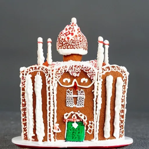 Image similar to a miniature gingerbread house version of the taj mahal,