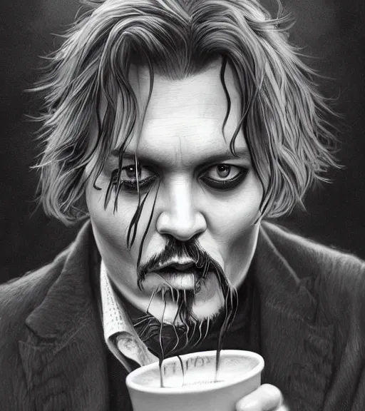 Prompt: Portrait of Johny Depp drinking coffee, in the park, charchoal drawing, dimly lit, wispy smoke, intricate, highly detailed, digital painting, artstation, concept art, sharp focus, illustration, art by einar jonsson