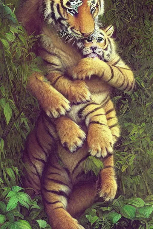 Prompt: beautiful cottagecore tiger puppy holding a little monkey, psychedelic Hair, magical forest, intricate, elegant, highly detailed, digital painting, artstation, concept art, smooth, sharp, focus, illustration, art by artgerm and greg rutkowski and alphonse mucha