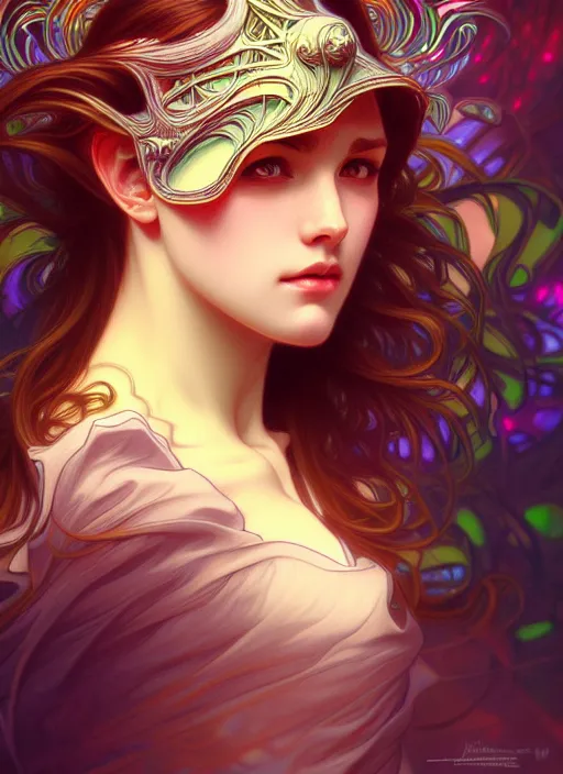 Image similar to overlord, psychedelic, portrait, highly detailed, deep focus, elegant, digital painting, smooth, sharp focus, illustration, ultra realistic, 8 k, art by artgerm and alphonse mucha