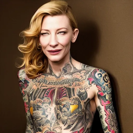 Image similar to full body tattooed cate blanchett with golden teeths 4k