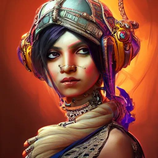 Image similar to A portrait of a cybernetic royal dark baroque indian tribal gamer girl. , trending on artstation, digital art, by Stanley Artgerm Lau, WLOP, Rossdraws, James Jean, Andrei Riabovitchev, Marc Simonetti, Yoshitaka Amano