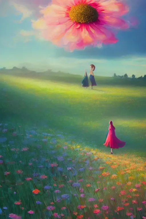Prompt: giant daisy flower head, girl with veil walking in a flower field, surreal photography, sunrise, dramatic light, impressionist painting, colorful clouds, digital painting, artstation, simon stalenhag