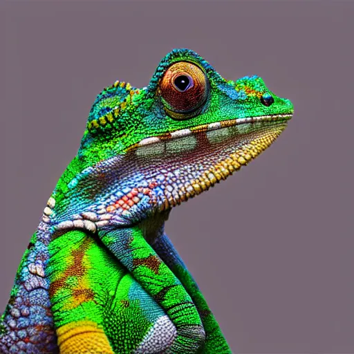 Prompt: a photorealistic chameleon made of complex fractals, digital art