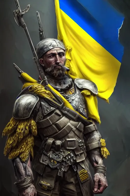 Image similar to a distant shot from behind of a Ukrainian super soldier with blue and yellow flag behind him standing alone on a huge pile of skulls as a winner, masculine muscular figure, D&D, fantasy, intricate, elegant, highly detailed, extremely detailed, digital painting, artstation, concept art, matte, sharp focus, symmetrical, illustration, art by Artgerm and Greg Rutkowski and Alphonse Mucha