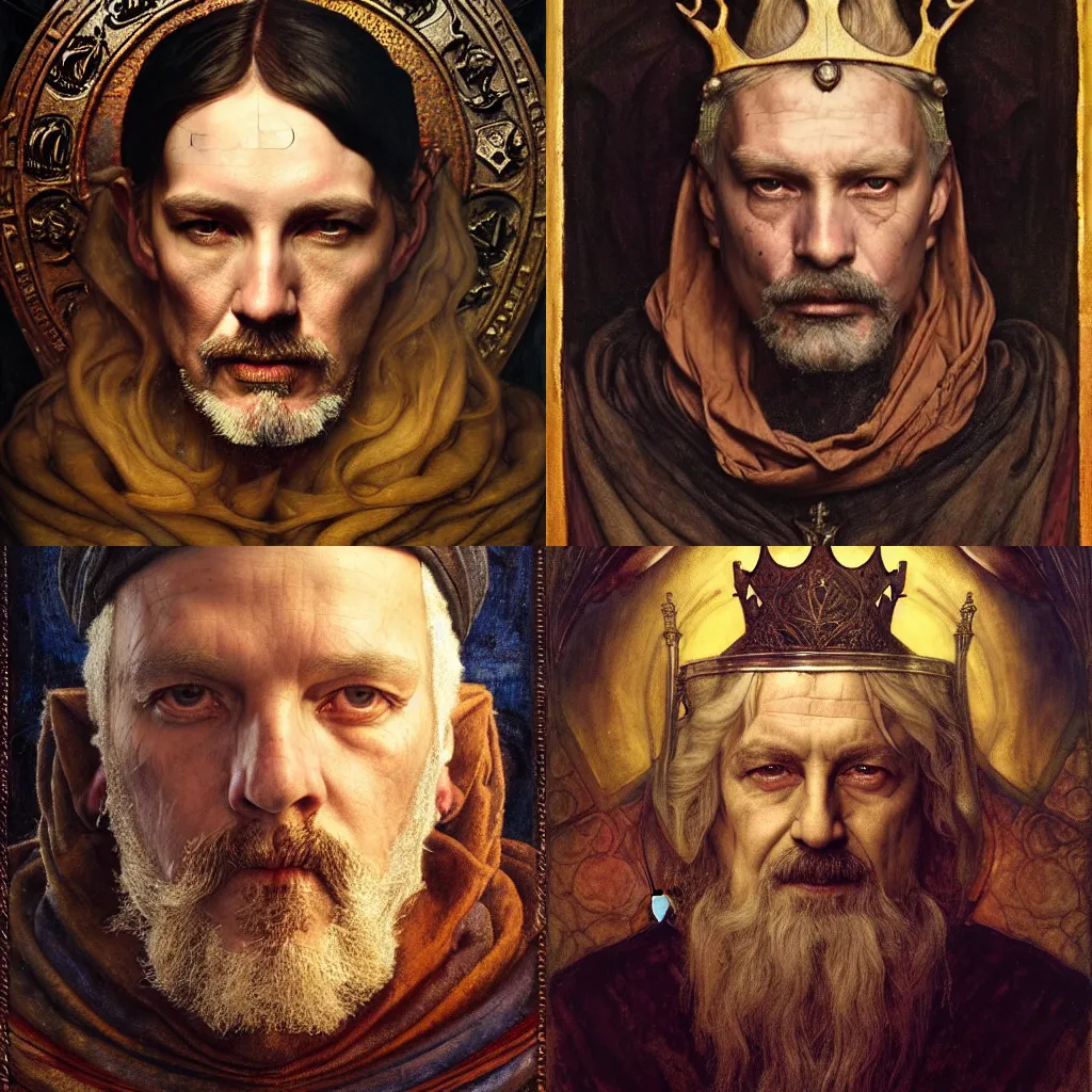 Prompt: medieval old king, portrait by annie swynnerton and tino rodriguez and charlie bowater and tom bagshaw and nicholas roerich and jean delville and evelyn de morgan and lucien freud, dramatic lighting, rich colors, smooth sharp focus, extremely detailed, adolf wolfli