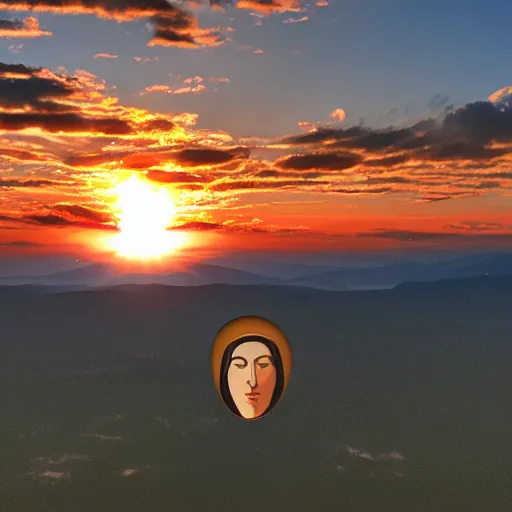 Prompt: shape of huge virgin mary face in sunset clouds