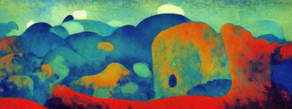 Prompt: An insane, modernist landscape painting. Wild energy patterns rippling in all directions. Curves, organic, zig-zags. Mountains, clouds. Rushing water. Waves. Psychedelic dream world. Odilon Redon. Andre Derain.
