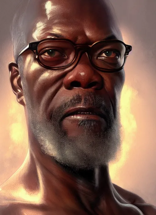 Prompt: Portrait of Samuel L. Jackson, D&D, muscular, fantasy, intricate, elegant, highly detailed, digital painting, artstation, concept art, smooth, sharp focus, illustration, art by artgerm and greg rutkowski and alphonse mucha