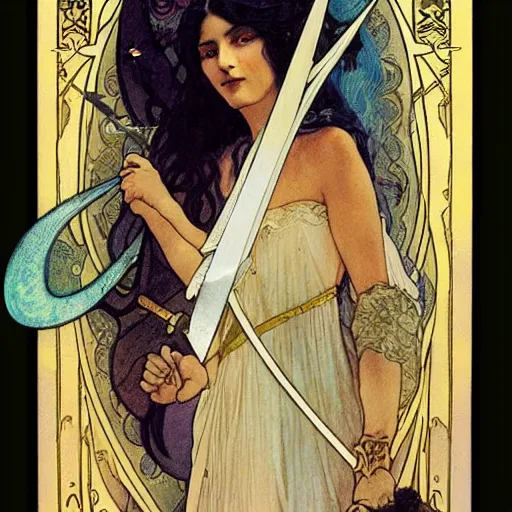 Prompt: A tarot card shows hope and love, sword, dragon, girl with black hair, detailed face, by Alfons Maria Mucha
