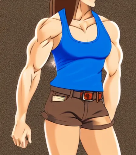 Image similar to Brown hair, blue tank top and shorts, muscular anime woman in the style of stanley artgerm