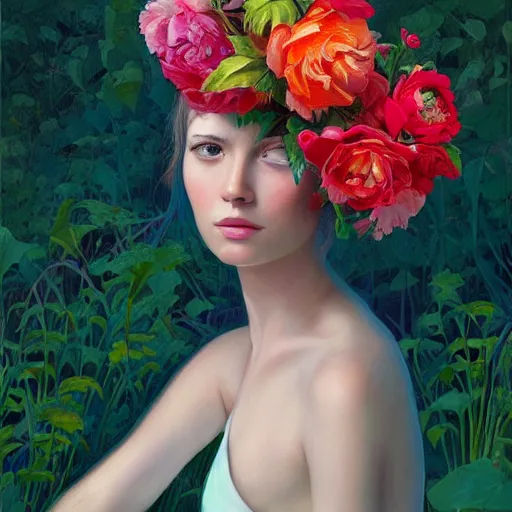 Image similar to a painting of a woman wearing a floral hat in a beautiful garden, an ultrafine detailed painting by james jean, cgsociety, figurative art, ilya kuvshinov, detailed painting, rich color palette