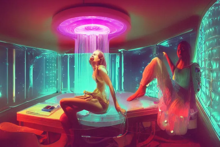 Image similar to high-angle view of a vivacious female jellyfish human hybrids wearing vacuum tube amp discowear with transparent digital number readout floating in front of face, sitting inside of a flooded 1970s luxury bungalow cabin with infinity mirror table, submersible vessel seamlessly clipping through wall, suspended soviet computer console on ceiling, ektachrome color photograph, volumetric lighting, off-camera flash, 24mm f8 aperture