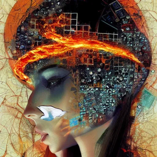 Image similar to she is burning her digital past with glitched flames made of bits, oil on canvas by dave mckean, james jean and esao andrews