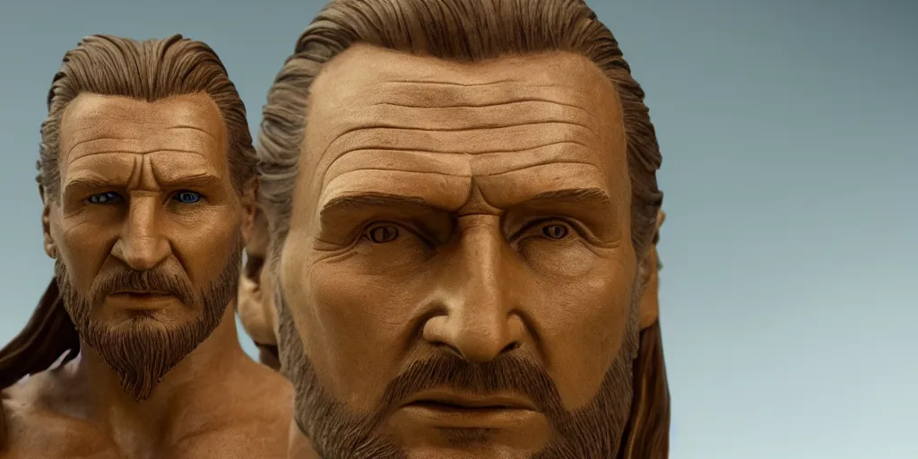 Image similar to golden head sculpture of qui - gon jinn liam neeson 4 k, movie still, uhd, sharp, detailed, cinematic, render, modern