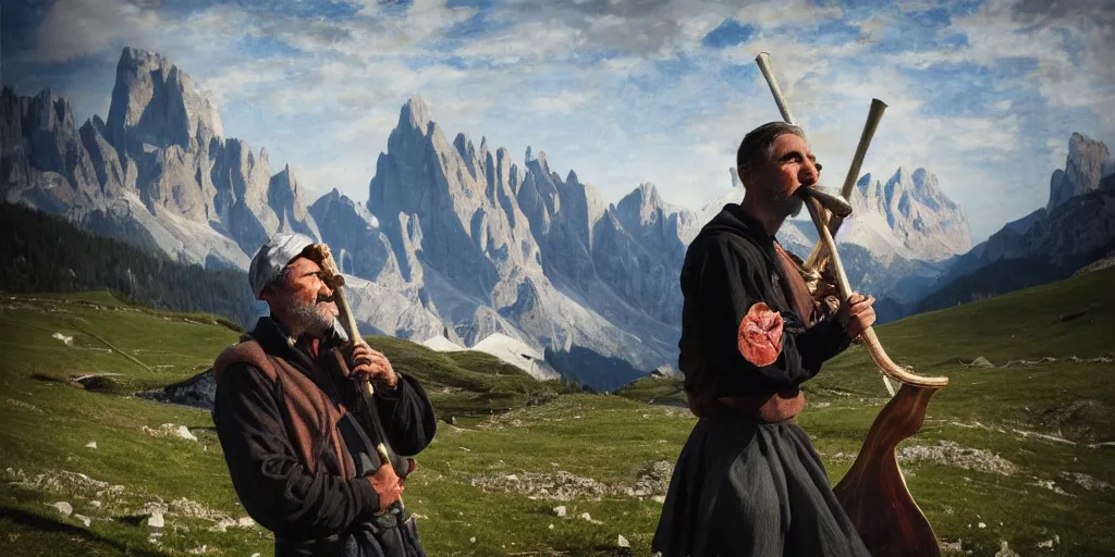 Image similar to alpine farmer playing alphorn, dolomites in background, dark, eerie, despair, portrait photography, artstation, adward winning, artstation, highly detailed, sharp focus, by caravaggio