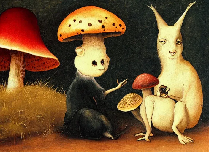 Image similar to a painting of a cute creature sitting next to a mushroom, detailed, realistic, in style of hieronymus bosch