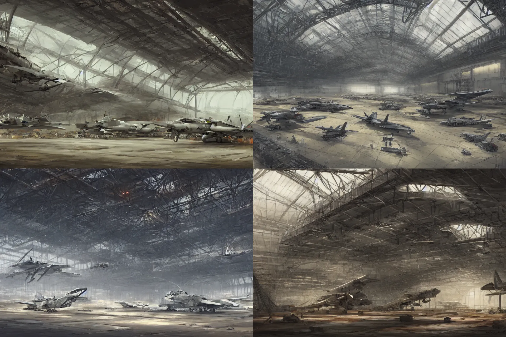 Prompt: a scene of a military airplane hangar, concept art by richard wright, cgsociety, fantasy art, artstation hq, concept art