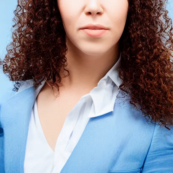 Image similar to portrait of 2 5 - year - old business woman with angle 9 0 ° centred looking away breading fresh air, strong spirit and look serious, background soft gradian blue