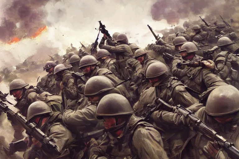 Prompt: intense vibrant film still of infantry charging across a bridge, ww 2 normandy foy arnhem 1 9 4 4, oil painting by john singer sargent, adrian smith, greg rutkowski, trending on artstation