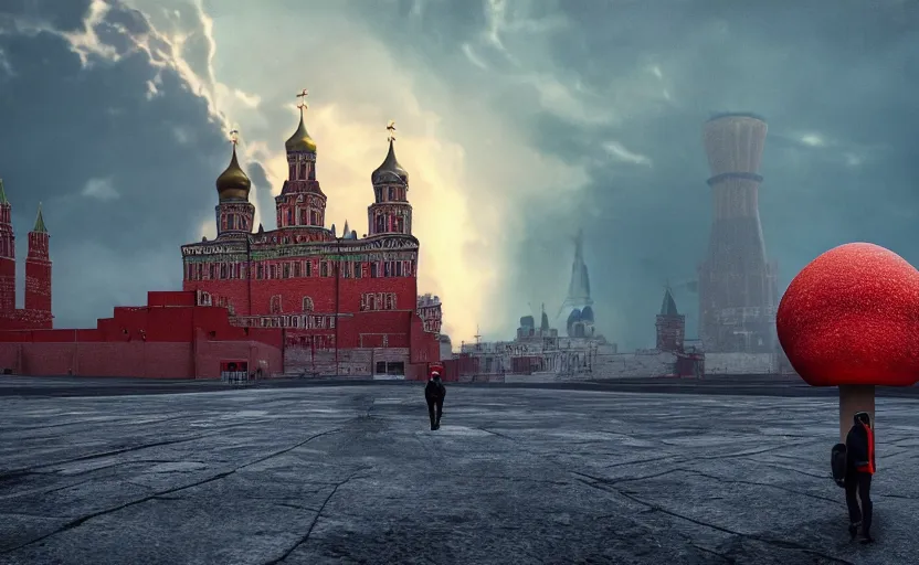 Prompt: ultra realistic picture of a big nuclear explosion with realistic nuclear mushroom in Red Square Kremlin, epic lighting, dark atmosphere, clouds, cinematic, extremely high detail, photo realistic, cinematic lighting, post processed, artstation, matte painting, unreal engine 5, 8k