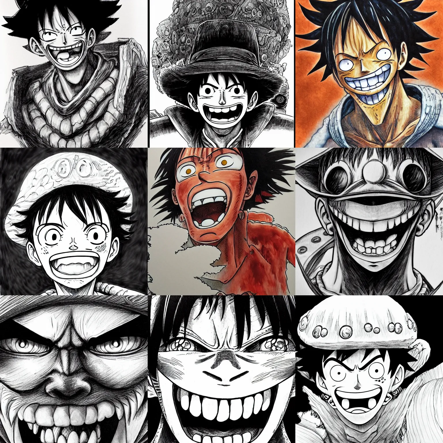 Prompt: a hyper-detailed portrait of Luffy with a huge grin by kentaro miura