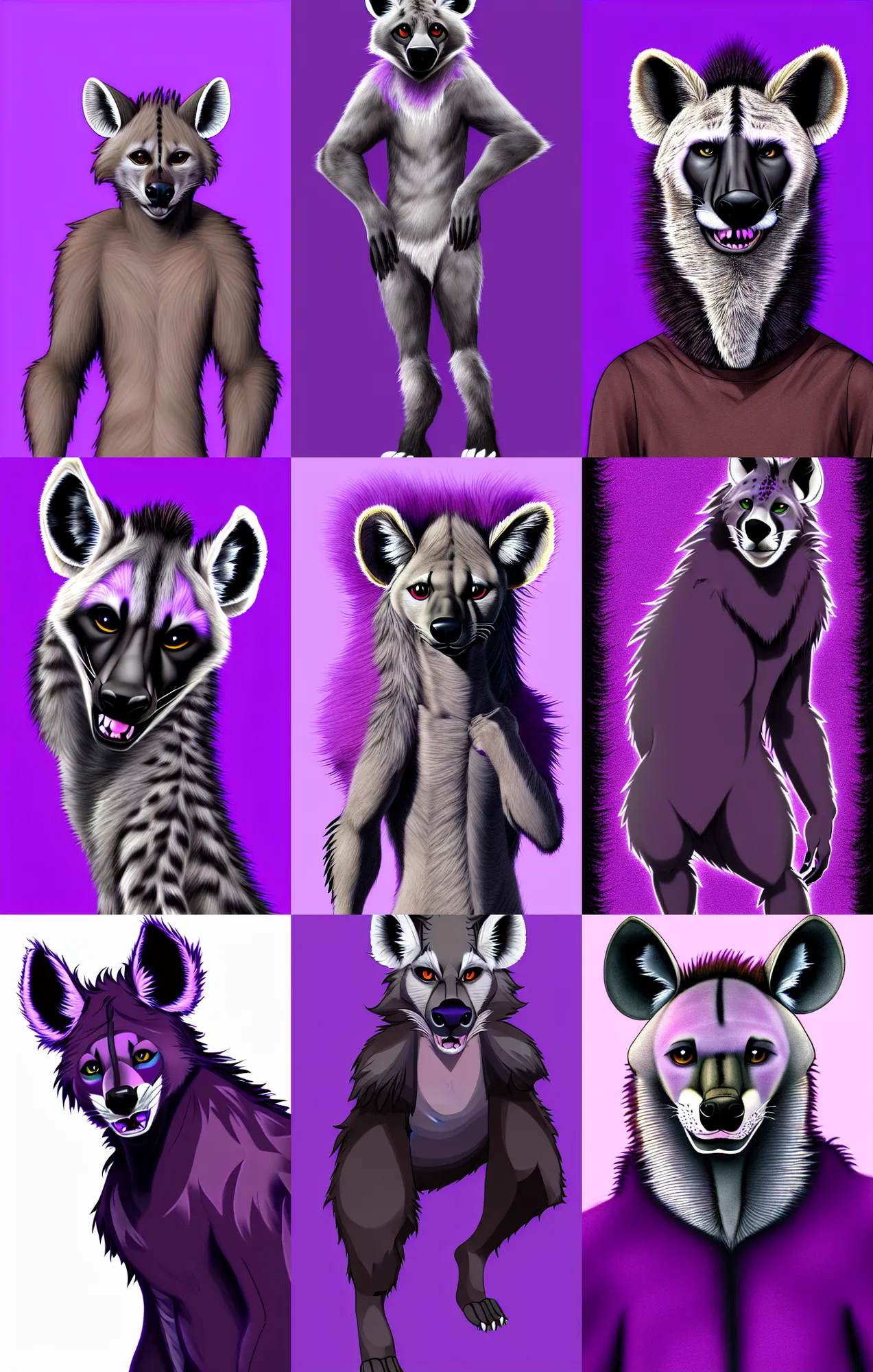 Prompt: a full - body centered front - perspective furry male fursona portrait, a male hyena fursona, purple and black fur color scheme, trending on weasyl, high - resolution, photorealistic