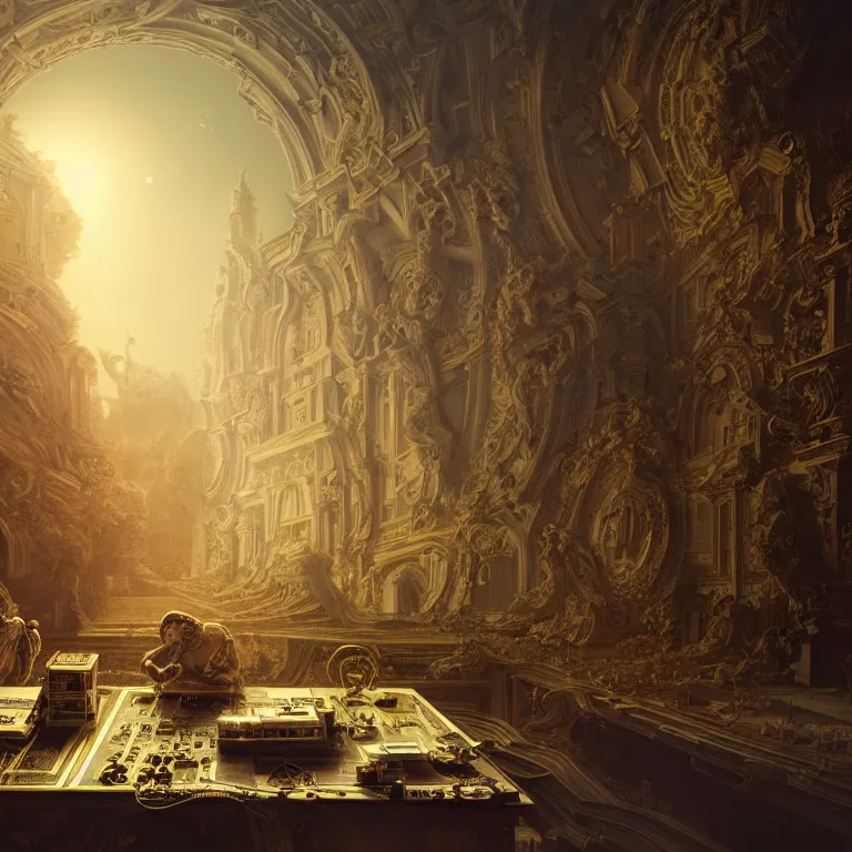 Image similar to motherboard, chip circuit, computer, dream - like atmosphere, baroque landscape painting, perfect composition, beautiful detailed intricate insanely detailed octane render trending on artstation, 8 k artistic photography, photorealistic, soft natural volumetric cinematic perfect light, chiaroscuro, award - winning photograph, masterpiece, raphael, caravaggio, greg rutkowski, beeple