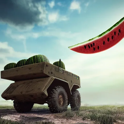 Prompt: Very very very very highly detailed Watermelon as military vehicle with epic weapons, on a battlefield in russian city as background. Less Watermelon a lot more military vehicle, Photorealistic Concept 3D digital art in style of Caspar David Friedrich, super rendered in Octane Render, epic dimensional light