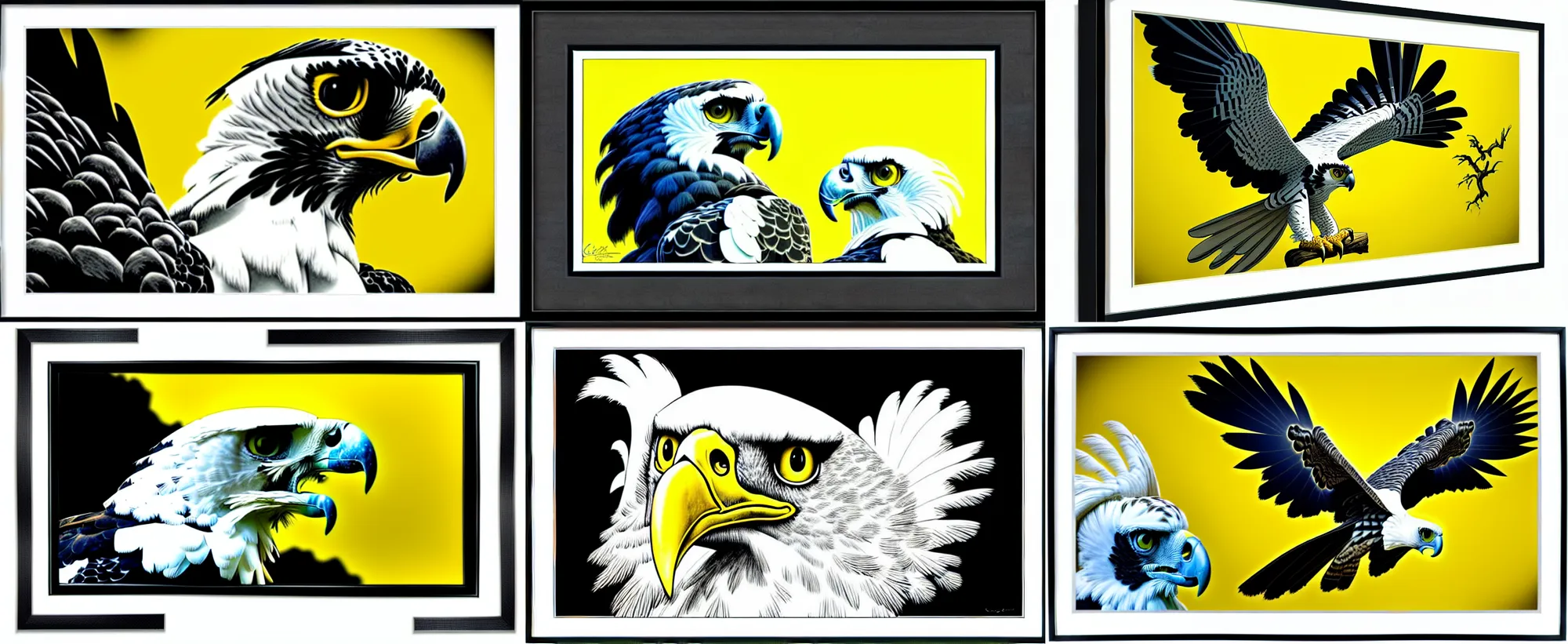 Prompt: side view of harpy eagle, framed photo hanging above couch, carl barks, cross hatching, yellow and black